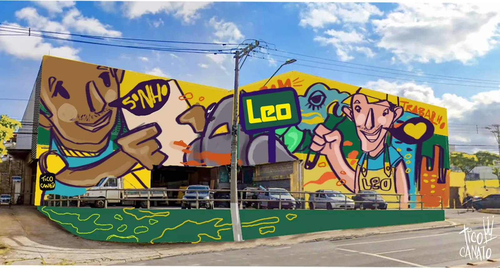 Mural colorido e intervenção em espaço por Tico Canato
